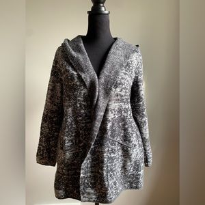 Grey textured open front hooded cardigan